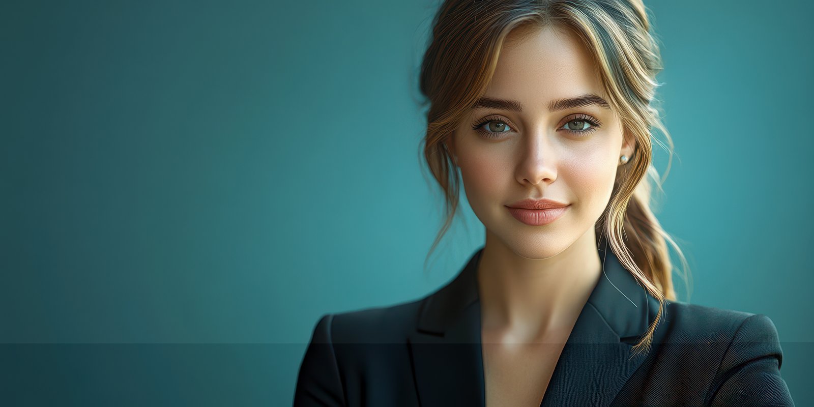 Confident young woman poses in smart attire against a stylish blue backdrop during a professional photoshoot